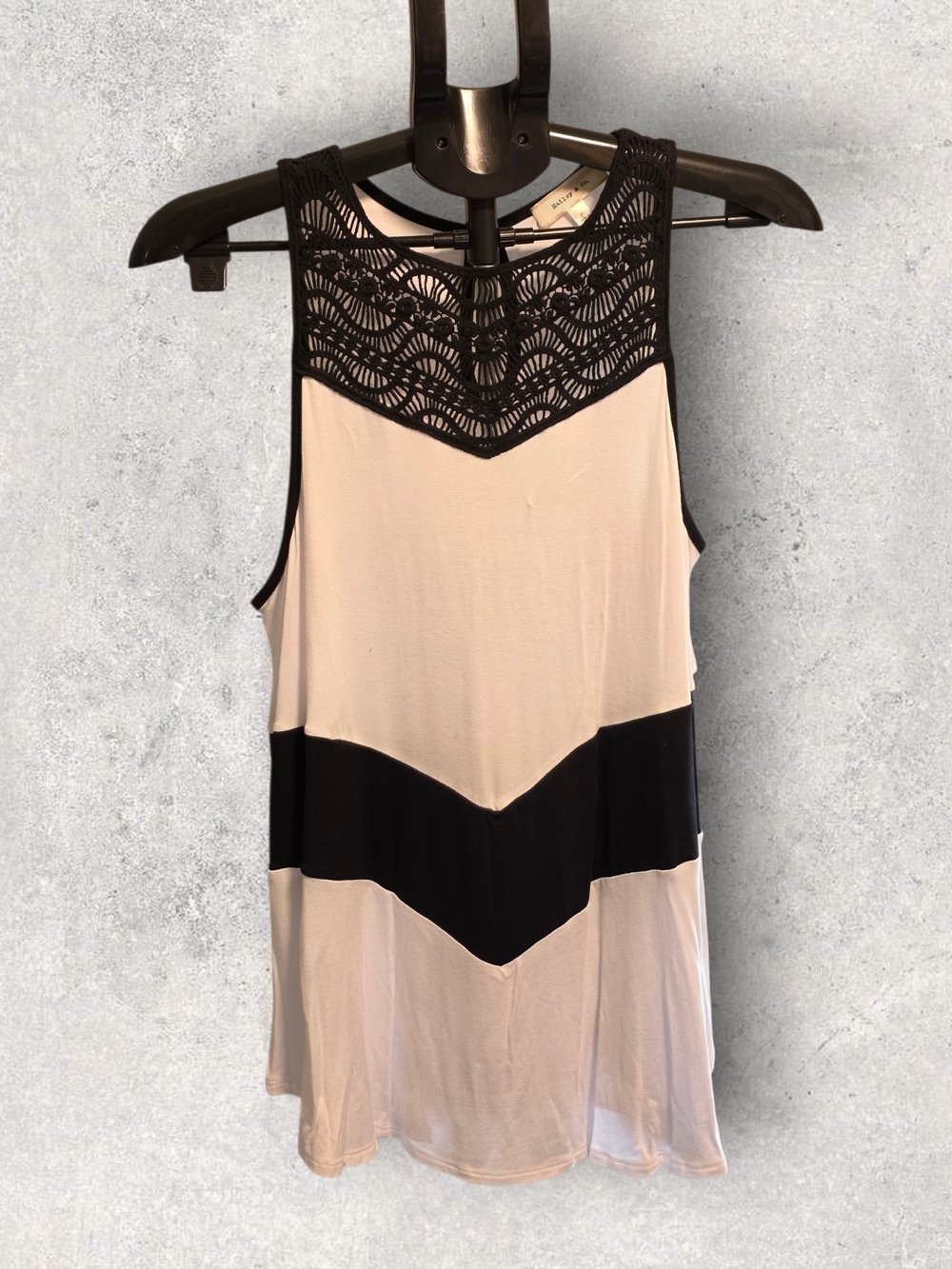 Sleeveless White Tank with Black Lace Yoke